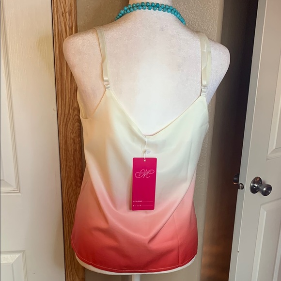 OMBRE Cream Pink Red Camisole Tank Adjustable Straps Button Front V-neck - Picture 4 of 6